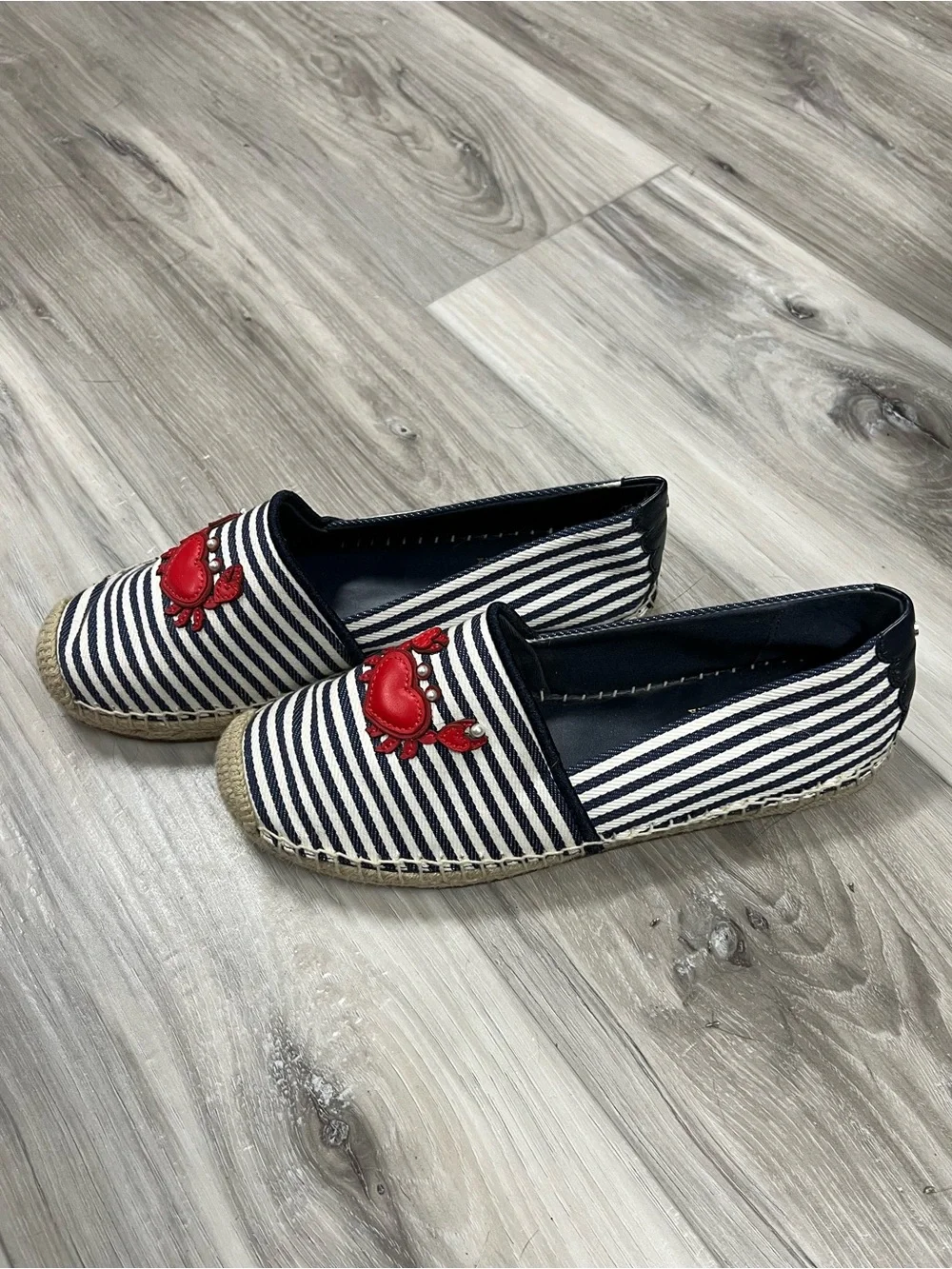 kate spade Navy and White Stripe Espadrilles with Red Crab Accent